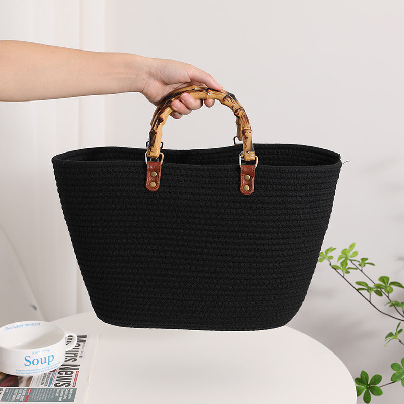 Wholesale Bamboo-like French Retro Straw Bag Portable Striped Large-capacity Cotton Woven Bag